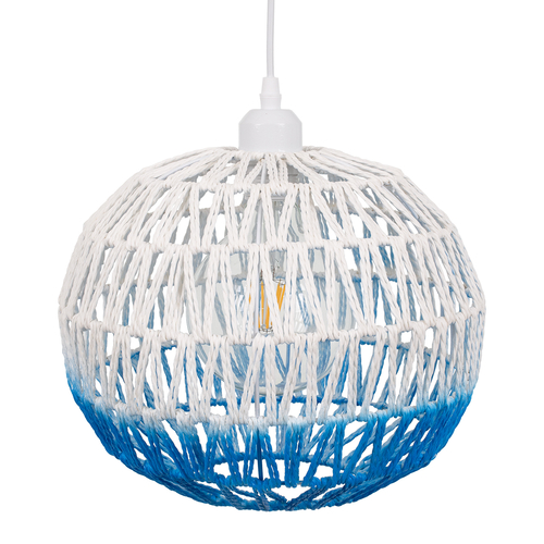 GloboStar® SANTOR 00728 Boho Κρεμαστό Φωτιστικό Πλέγμα Μονόφωτο 1 x E27 IP20 Λευκό & Μπλε Σχοινί - Μ30 x Π30 x Υ30cm