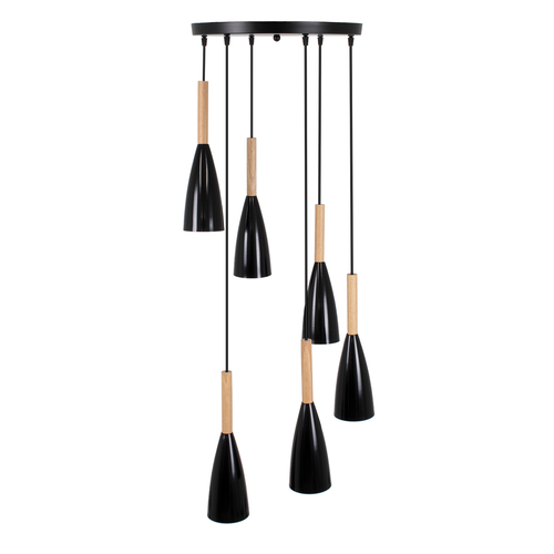 GloboStar® DILLON 00628 Μοντέρνο Κρεμαστό Φωτιστικό Καμπάνα Πολύφωτο 6 x E27 IP20 Μαύρο Μέταλλο με Μπεζ Ξύλο - Μ52 x Π52 x Y130cm