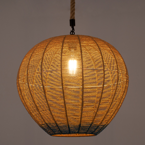 GloboStar® SIMON 00727 Boho Κρεμαστό Φωτιστικό Ανάρτηση Μονόφωτο 1 x E27 IP20 Μπεζ & Μπλε Σχοινί - Μ50 x Π50 x Y47cm