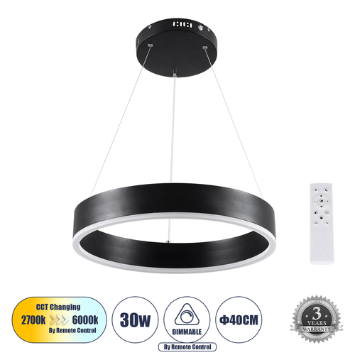 GloboStar® VENOM 61173 Κρεμαστό Φωτιστικό Δαχτυλίδι-Κύκλος LED CCT 30W 3513lm 120° AC 220-240V - Εναλλαγή Φωτισμού μέσω Τηλεχειριστηρίου All In One Ψυχρό 6000K+Φυσικό 4500K+Θερμό 2700K Dimmable Φ40cm - Μαύρο - 3 Years Warranty