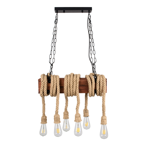 GloboStar® VIKING 00606 Vintage Κρεμαστό Φωτιστικό Ανάρτηση Πολύφωτο 6 x E27 IP20 Μαύρο Μέταλλο, Καφε Ξύλο με Μπεζ Σχοινί - Μ53 x Π11 x Υ96cm έως Y220cm max