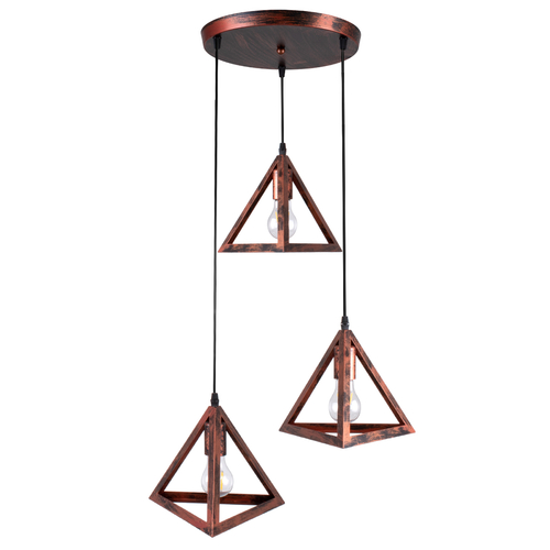 GloboStar® TRIANGLE 00618 Μοντέρνο Κρεμαστό Φωτιστικό Πλέγμα Τρίφωτο 3 x E27 IP20 Χάλκινο Μέταλλο - Μ49 x Π49 x Y130cm