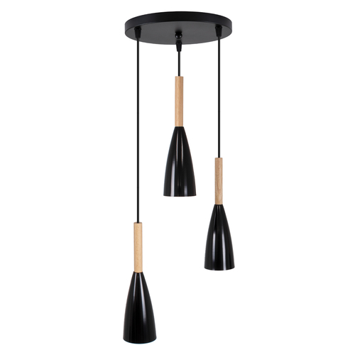 GloboStar® DILLON 00626 Μοντέρνο Κρεμαστό Φωτιστικό Καμπάνα Τρίφωτο 3 x E27 IP20 Μαύρο Μέταλλο με Μπεζ Ξύλο - Μ26 x Π26 x Υ130cm