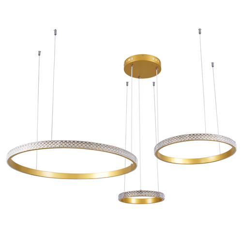 GloboStar® DIAMOND TRIO 61143 Κρεμαστό Φωτιστικό Δαχτυλίδι-Κύκλος LED CCT 100W 12123lm 360° AC 220-240V - Εναλλαγή Φωτισμού μέσω Τηλεχειριστηρίου All In One Ψυχρό 6000k+Φυσικό 4500k+Θερμό 2700k Dimmable Φ25+40+60cm - Χρυσό Βούρτσας - 3 Years Warranty