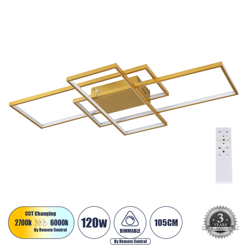 GloboStar® QUADRA 61390 Φωτιστικό Οροφής Design LED CCT 120W 14400lm 120° AC 220-240V - Εναλλαγή Φωτισμού μέσω Τηλεχειριστηρίου All In One Ψυχρό 6000k+Φυσικό 4500k+Θερμό 2700k Dimmable Μ105 x Π60 x Υ19cm - Χρυσό Βούρτσας- 3 Years Warranty