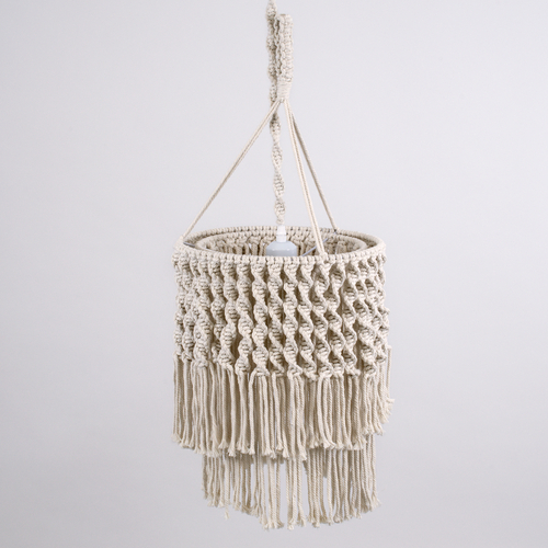 GloboStar® ALGERIA 36204 Boho Κρεμαστό Φωτιστικό Μακραμέ Μονόφωτο 1 x E27 IP20 Μπεζ Ύφασμα - Μ30 x Π30 x Υ40cm