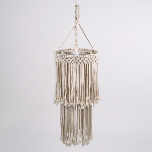 GloboStar® ZAMBIA 36208 Boho Κρεμαστό Φωτιστικό Μακραμέ Μονόφωτο 1 x E27 IP20 Μπεζ Ύφασμα - Μ30 x Π30 x Υ60cm