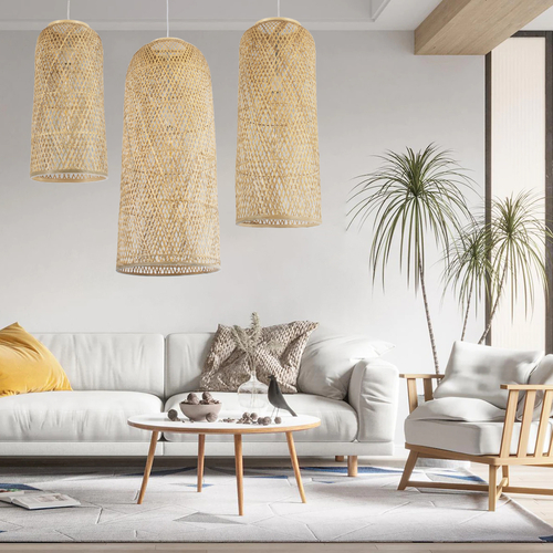 GloboStar® CALERO 01712 Boho Κρεμαστό Φωτιστικό Πλέγμα Μονόφωτο 1 x E27 IP20 Μπεζ Ξύλο - Μ40 x Π40 x Υ90cm