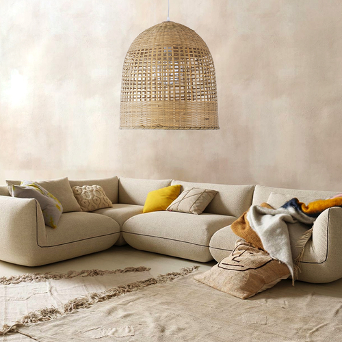 GloboStar® BORA-BORA 01735 Boho Κρεμαστό Φωτιστικό Καμπάνα Μονόφωτο 1 x E27 IP20 Μπεζ Ξύλο - Μ42 x Π42 x Y44cm
