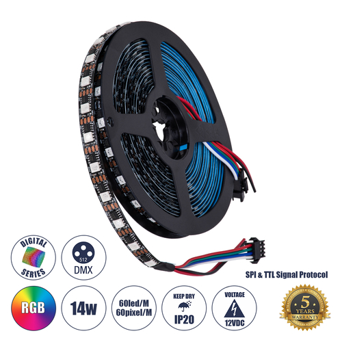 GLOBOSTAR® DIGIPRO 90604 Ψηφιακή Pixel Addressable Ταινία LED 14.4W/m 1152lm/m 120° DC 12V IP20 60 x SMD 5050 Chip/m 60 x Pixel/m Πολύχρωμο RGB Dimmable SPI/TTL Protocol IC TM1812 - Μ500 x Π1 x Υ0.2cm - Ρολό 5 Μέτρων - 5 Χρόνια Εγγύηση