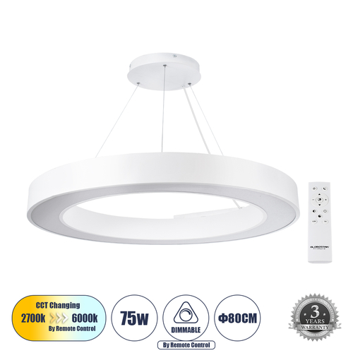 GloboStar® RA 61197 Κρεμαστό Φωτιστικό Δαχτυλίδι-Κύκλος LED CCT 75W 8250lm 120° AC 220-240V - Εναλλαγή Φωτισμού μέσω Τηλεχειριστηρίου All In One Ψυχρό 6000k+Φυσικό 4500k+Θερμό 2700k Dimmable Φ80cm - Λευκό - 3 Years Warranty