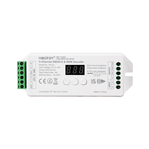 GloboStar® 71425 D3-CX Mi-BOXER DC DMX & RDM Dimmer High Speed Controller / Decoder 3 Καναλιών DC 12-24V 3 x 6A 144W - Max 18A 432W - IP20 Μ13 x Π5 x Υ2.5cm - 5 Years Warranty