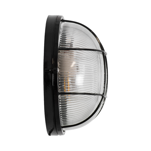 GloboStar® BOATLIGHT 61589 Vintage Industrial Φωτιστικό Τοίχου - Απλίκα - Καραβοχελώνα Εξωτερικού Χώρου Δίφωτο 2 x E27 AC220-240V Αδιάβροχο IP65 - Σώμα Αλουμινίου & Tempered Glass - Φ24 x Υ11cm - Μαύρο - Στρόγγυλο - 5 Years Warranty