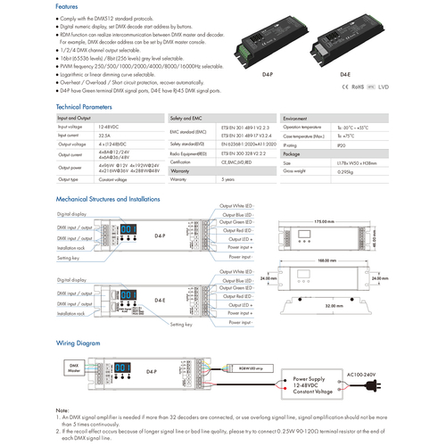 GloboStar® 70669 D4-P SKYDANCE DC DMX & RDM Dimmer High Speed Controller / Decoder 4 Καναλιών DC 12-48V 4 x 8A 384W - Max 32.5A 1152W - IP20 Μ17.5 x Π4.5 x Υ2.8cm - 5 Years Warranty