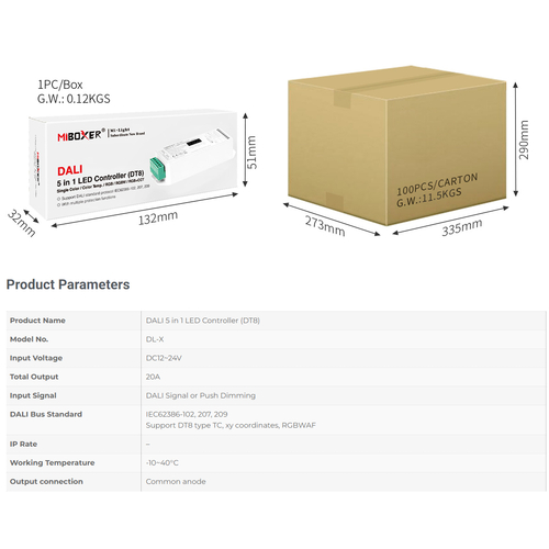 GloboStar® 71423 DL-X Mi-BOXER DC DALI & Push Dimming 5 in 1 High Speed Controller / Dimmer 5 Καναλιών DC 12-24V 5 x 6A 144W - Max 20A 480W - IP20 RGBW+WW Μ13 x Π5 x Υ2.5cm - 5 Years Warranty