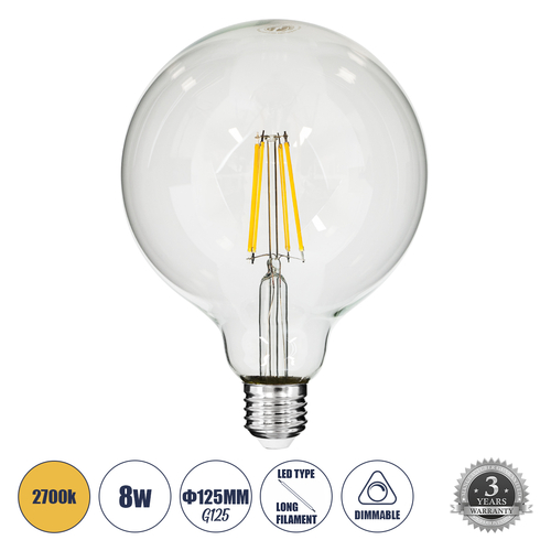 GloboStar® 99013 Λάμπα LED Long Filament E27 G125 Γλόμπος 8W 800lm 360° AC 220-240V IP20 Φ12.5 x Υ18cm Θερμό Λευκό 2700K με Διάφανο Γυαλί - Dimmable - 3 Years Warranty