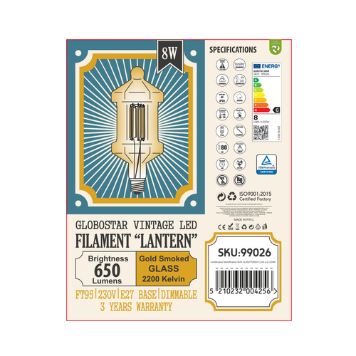 GloboStar® 99026 Λάμπα LED Long Filament E27 FT95 LANTERN Γλόμπος 8W 650lm 360° AC 220-240V IP20 Φ9.5 x Υ21.5cm Ultra Θερμό Λευκό 2200K με Μελί Γυαλί - Dimmable - 3 Years Warranty