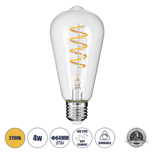 GloboStar® 99143 Λάμπα LED Soft S Spiral Filament E27 ST64 Αχλάδι 4W 300lm 360° AC 220-240V IP20 Φ6.4 x Υ14cm Θερμό Λευκό 2700K με Διάφανο Γυαλί - Dimmable - 3 Χρόνια Εγγύηση