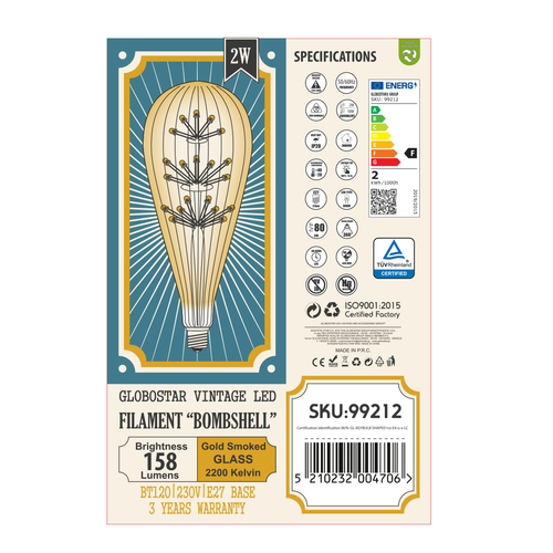 GloboStar® 99212 Λάμπα LED MTX Diode HP E27 BT125 BOMBSHELL Γλόμπος 1.8W 158lm 360° AC 220-240V IP20 Φ12.5 x Υ29cm Ultra Θερμό Λευκό 2200K με Μελί Γυαλί - Dimmable - 3 Years Warranty
