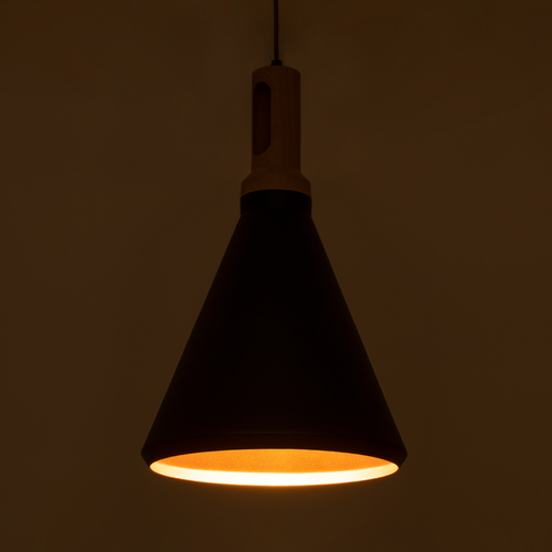 GloboStar® CALYPSO 01334-C Μοντέρνο Κρεμαστό Φωτιστικό Καμπάνα Μονόφωτο 1 x E27 IP20 Μαύρο & Χρυσό Μέταλλο με Μπεζ Ξύλο - Μ25 x Π25 x Υ40cm