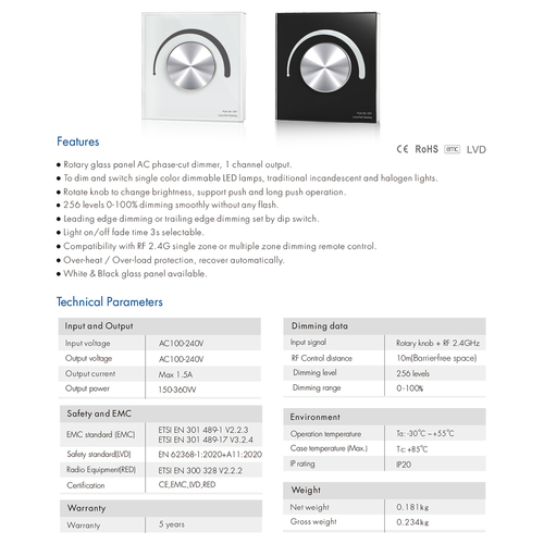 GloboStar® 71455 S1-K SKYDANCE AC Smart RF 2.4Ghz & Ροοστάτη - Push ON/OFF Triac Dimming AC100-240V σε AC100-240V 1 x 1.5A 360W - Max 1.5A 360W - IP20 - Μαύρο Σώμα - Μ8.5 x Π8.5 x Υ5cm - 5 Years Warranty
