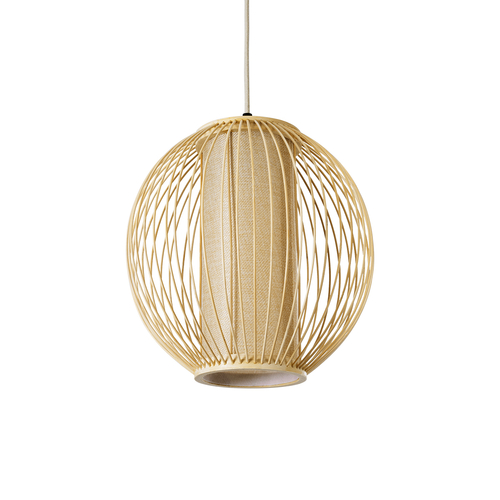 GloboStar® HIBISCUS 01934 Boho Κρεμαστό Φωτιστικό Πλέγμα Μονόφωτο 1 x E27 IP20 Μπεζ Ξύλο - Μ28 x Π28 x Υ28cm