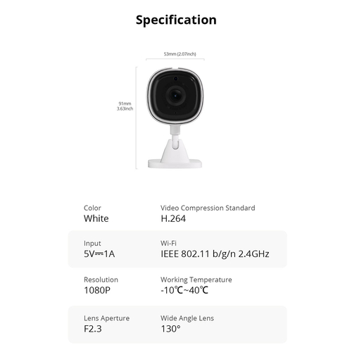 GloboStar® 80105 SONOFF S-CAM Slim Smart Home Security Camera WiFi 2.4GHz 1080P 130° Two Way Audio - Local & Cloud Storage - Nigh Vision - Motion Detection - Motion Alarm DC 5V 1A