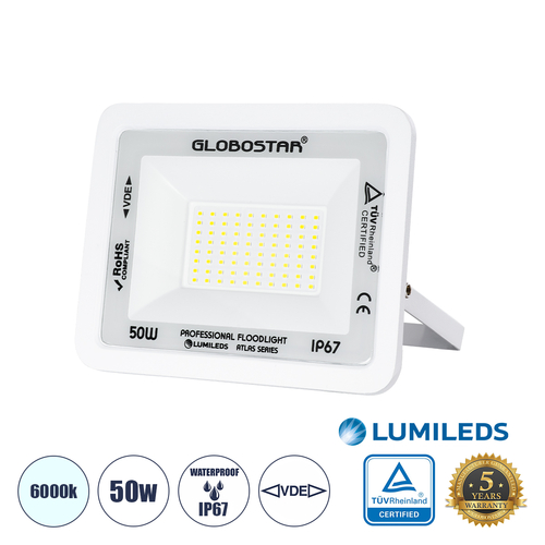 GloboStar® ATLAS 61419 Επαγγελματικός Προβολέας LED 50W 6250lm 120° AC 220-240V - Αδιάβροχος IP67 - Μ21 x Π3.5 x Υ16cm - Λευκό - Ψυχρό Λευκό 6000K - LUMILEDS Chips - TÜV Rheinland Certified - 5 Years Warranty