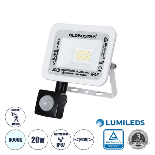 GloboStar® AURORA 61438 Επαγγελματικός Προβολέας LED 20W 2500lm 120° AC 220-240V με Ενσωματωμένο Ρυθμιζόμενο Αισθητήρα Κίνησης PIR - Αδιάβροχος IP67 - Μ12 x Π5 x Υ14.5cm - Λευκό - Ψυχρό Λευκό 6000K - LUMILEDS Chips - TÜV Rheinland Certified - 3 Years Warranty