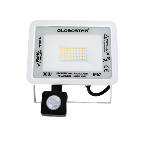 GloboStar® AURORA 61440 Επαγγελματικός Προβολέας LED 30W 3750lm 120° AC 220-240V με Ενσωματωμένο Ρυθμιζόμενο Αισθητήρα Κίνησης PIR - Αδιάβροχος IP67 - Μ16 x Π5 x Υ17.5cm - Λευκό - Ψυχρό Λευκό 6000K - LUMILEDS Chips - TÜV Rheinland Certified - 3 Years Warranty