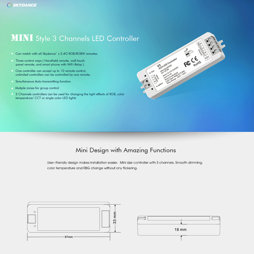 GloboStar® 71546 V3 SKYDANCE DC RF 2.4Ghz Dimmer High Speed Controller 3 Καναλιών DC 12-24V 3 x 5A 96W - Max 12A 288W - IP20 Μ10 x Π3.5 x Υ2cm - 5 Years Warranty