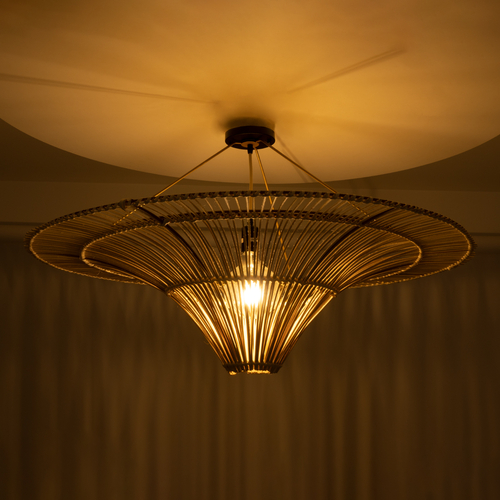 GloboStar® PALERMO 02153 Boho Φωτιστικό Οροφής Πλέγμα Μονόφωτο 1 x E27 IP20 Μπεζ Ξύλο - Μ100 x Π100 x Υ55cm