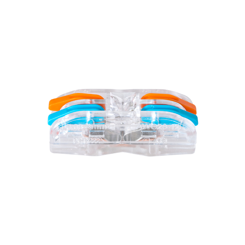 GloboStar® FAST-CONNECT 69907 Διπλή Κλέμα Ταχείας Σύνδεσης & Διακλάδωσης Καλωδίων - 2 x Είσοδοι & 2 x Έξοδοι με Συμβατή Διατομή Καλωδίων 0.08mm² έως 2.5mm² - 250V/4KV 32A Max - Μ2 x Π4 x Υ1.5cm - Διάφανο με Πορτοκαλί & Μπλε - Πακέτο 5 Τεμαχίων - 5 Years Warranty