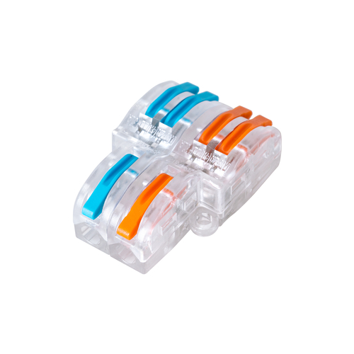 GloboStar® FAST-CONNECT 69909 Διπλή σε Τετραπλή Κλέμα Ταχείας Σύνδεσης & Διακλάδωσης Καλωδίων - 2 x Είσοδοι & 4 x Έξοδοι με Συμβατή Διατομή Καλωδίων 0.08mm² έως 2.5mm² - 250V/4KV 32A Max - Μ2.6 x Π4 x Υ1.5cm - Διάφανο με Πορτοκαλί & Μπλε - Πακέτο 5 Τεμαχίων - 5 Years Warranty