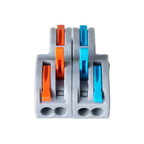 GloboStar® FAST-CONNECT 69913 Διπλή σε Τετραπλή Κλέμα Ταχείας Σύνδεσης & Διακλάδωσης Καλωδίων - 2 x Είσοδοι & 4 x Έξοδοι με Συμβατή Διατομή Καλωδίων 0.08mm² έως 2.5mm² - 250V/4KV 32A Max - Μ2.6 x Π4 x Υ1.5cm - Γκρι με Πορτοκαλί & Μπλε - Πακέτο 5 Τεμαχίων - 5 Years Warranty