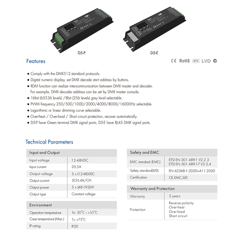 GloboStar® 71445 D5-P SKYDANCE DC DMX & RDM Dimmer High Speed Controller / Decoder 5 Καναλιών DC 12-48V 5 x 4A 192W - Max 20.5A 960W - IP20 Μ17.5 x Π4.5 x Υ3.5cm - 5 Years Warranty