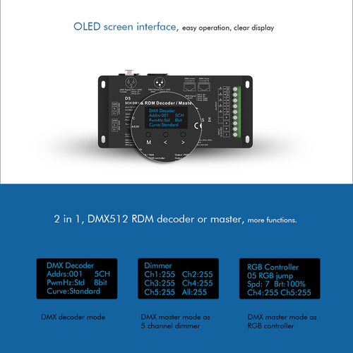 GloboStar® 71448 D5 SKYDANCE DC DMX & RDM Dimmer High Speed Controller / Decoder 5 Καναλιών DC 12-24V 5 x 6A 144W - Max 30A 864W - IP20 Μ17 x Π8 x Υ4cm - 5 Years Warranty