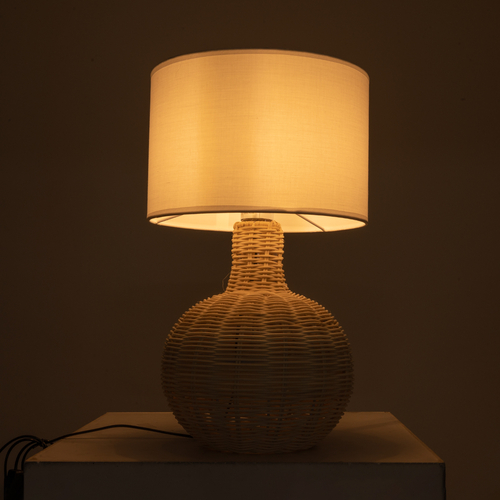 GloboStar® HASUMI 01959 Boho Επιτραπέζιο Φωτιστικό Πορτατίφ Μονόφωτο 1 x E27 AC220-240V IP20 - Φ30 x Υ50cm - Μπεζ Ξύλινο Ρατάν Πλέγμα με Λευκό Καπέλο