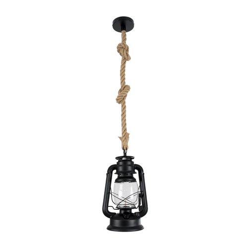GloboStar® BARBAROSSA 01704 Vintage Κρεμαστό Φωτιστικό Ανάρτηση Μονόφωτο 1 x E27 IP20 Μαύρο Μέταλλο, Διάφανο Γυαλί με Μπεζ Σχοινί - Μ18 x Π18 x Υ28cm