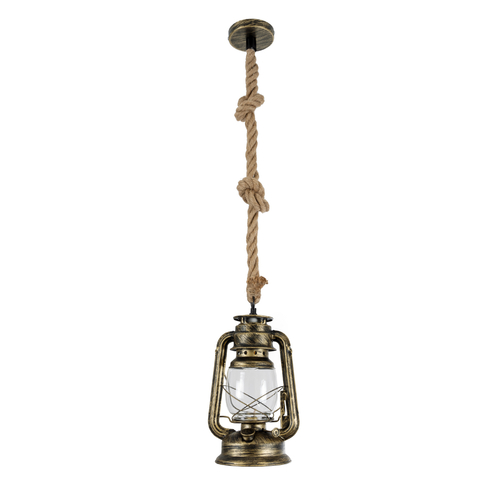 GloboStar® BARBAROSSA 01705 Vintage Κρεμαστό Φωτιστικό Ανάρτηση Μονόφωτο 1 x E27 IP20 Μπρούτζινο Μέταλλο, Διάφανο Γυαλί με Μπεζ Σχοινί - Μ18 x Π18 x Υ28cm