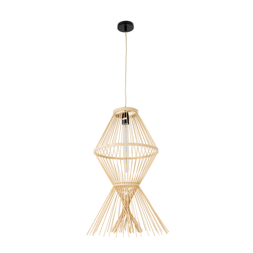 GloboStar® YOSHI 01928 Boho Κρεμαστό Φωτιστικό Πλέγμα Μονόφωτο 1 x E27 IP20 Μπεζ Ξύλο - Μ35 x Π35 x Υ60cm