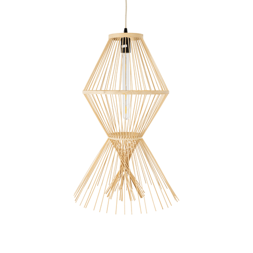 GloboStar® YOSHI 01928 Boho Κρεμαστό Φωτιστικό Πλέγμα Μονόφωτο 1 x E27 IP20 Μπεζ Ξύλο - Μ35 x Π35 x Υ60cm