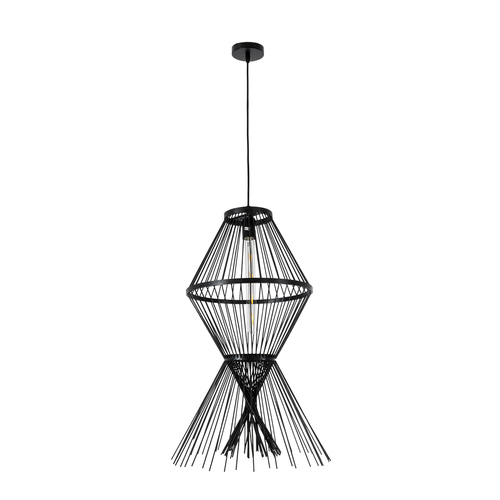 GloboStar® YOSHI 01929 Boho Κρεμαστό Φωτιστικό Πλέγμα Μονόφωτο 1 x E27 IP20 Μαύρο Ξύλο - Μ35 x Π35 x Υ60cm