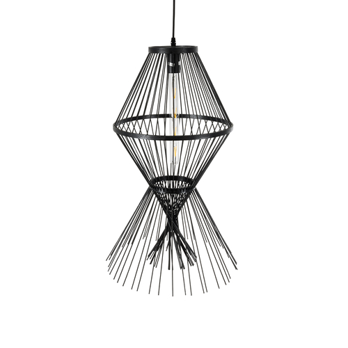 GloboStar® YOSHI 01929 Boho Κρεμαστό Φωτιστικό Πλέγμα Μονόφωτο 1 x E27 IP20 Μαύρο Ξύλο - Μ35 x Π35 x Υ60cm