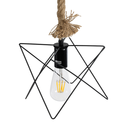 GloboStar® KAZEMI 02018 Μοντέρνο Κρεμαστό Φωτιστικό Πλέγμα Μονόφωτο 1 x E27 IP20 Μαύρο Μέταλλο με Μπεζ Σχοινί - Μ18 x Π18 x Υ17cm