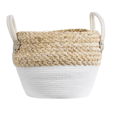GloboStar® Artificial Garden SANTORINI 20576 Διακοσμητικό Πλεκτό Κασπώ Γλάστρα - Flower Pot Μπεζ με Λευκό Φ28 x Υ24cm
