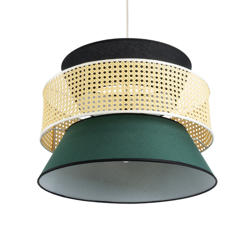 GloboStar® SAIGE 01916 Boho Κρεμαστό Φωτιστικό Πλέγμα Μονόφωτο 1 x E27 IP20 Μπεζ Ξύλο με Μαύρο & Πράσινο Ύφασμα - Μ50 x Π50 x Υ36cm