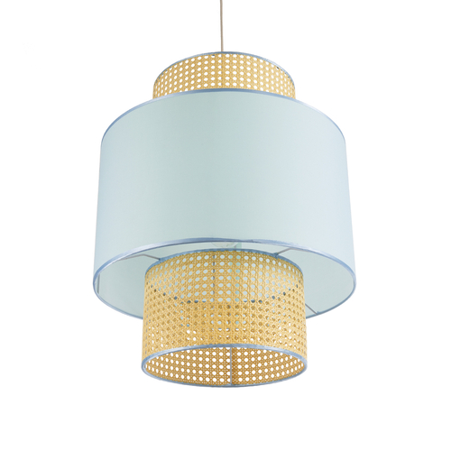 GloboStar® SAIGE 02045 Boho Κρεμαστό Φωτιστικό Πλέγμα Μονόφωτο 1 x E27 IP20 Μπεζ Ξύλο με Γαλάζιο Ύφασμα - Μ50 x Π50 x Υ60cm