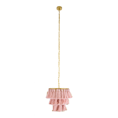 GloboStar® MISSOULA 02086 Boho Κρεμαστό Φωτιστικό Σχοινί Μονόφωτο 1 x E27 IP20 Ροζ Ύφασμα με Χρυσό Μέταλλο - Μ30 x Π30 x Υ40cm