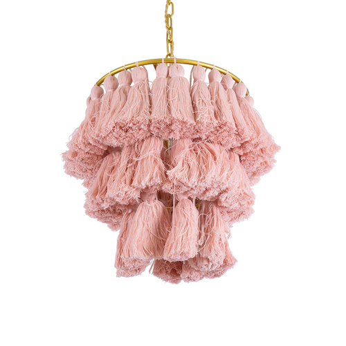 GloboStar® MISSOULA 02086 Boho Κρεμαστό Φωτιστικό Σχοινί Μονόφωτο 1 x E27 IP20 Ροζ Ύφασμα με Χρυσό Μέταλλο - Μ30 x Π30 x Υ40cm